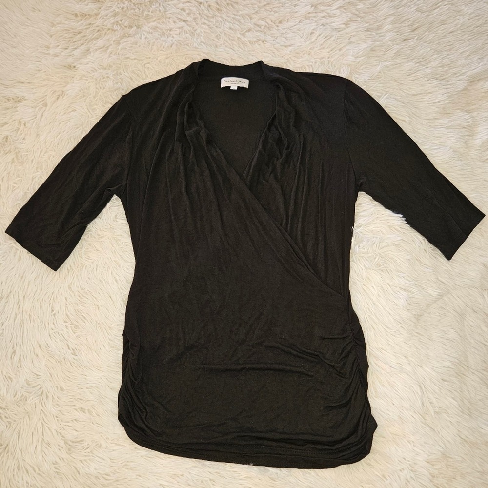 Michael Stars Black V-neck Wrap Look Top Ruched Waist 1/2 Sleeves Size Medium